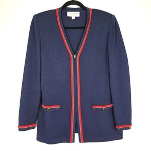 St. John Collection Vintage Sweater Full Zip Navy Blue Red Trim Women's‎ Size 6